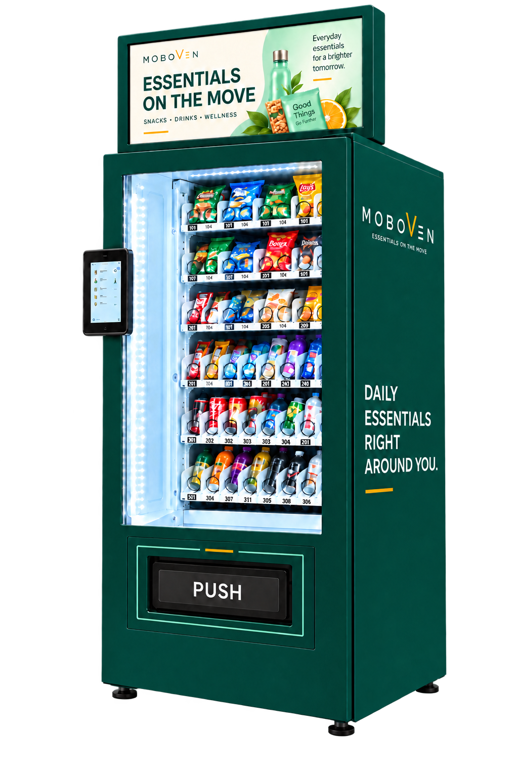 MOBOVEN Media Station: green smart vending machine with a rooftop advertising display, side touchscreen and lit shelves of snacks and drinks