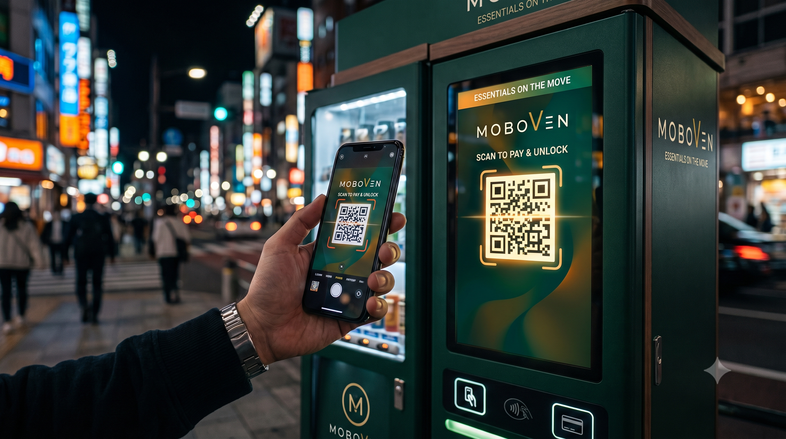 A shopper scanning a QR offer from a MOBOVEN station screen on a busy city street at night