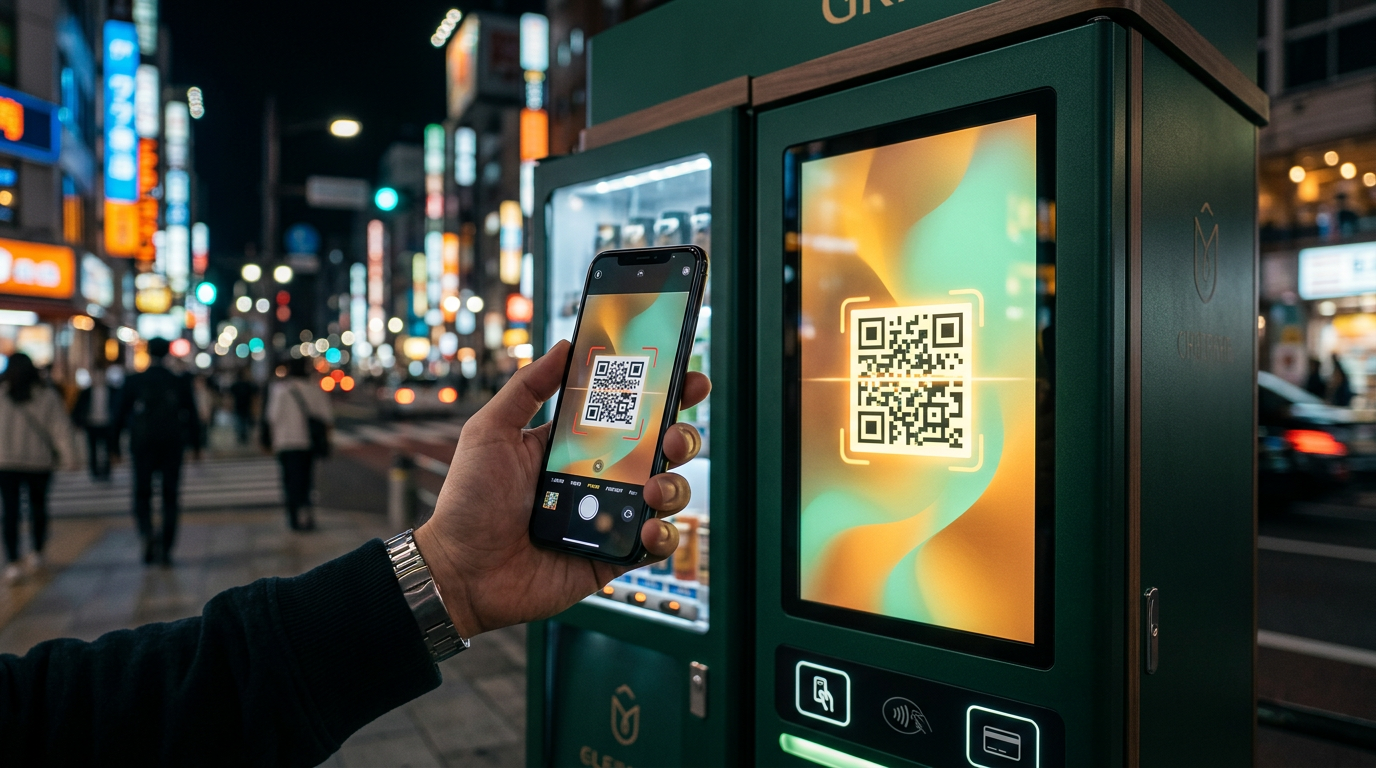 A shopper scanning a QR offer from a MOBOVEN station screen on a busy city street at night
